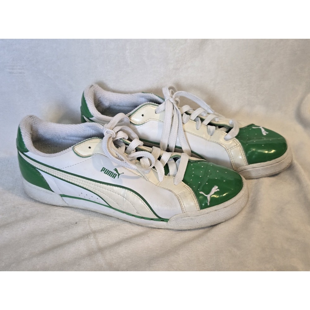 Puma Men's White Green Patent Leather Low Top Sneakers Shoes US 10.5 EU 44